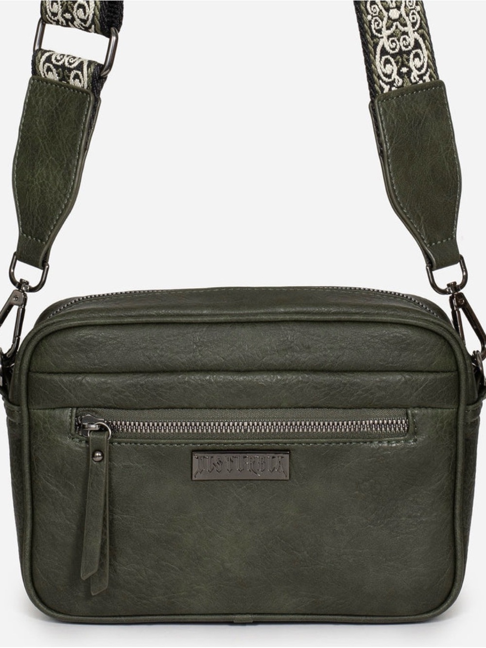 Disturbia Olive Green Crossbody Bag with Embroidered Strap - Picture 2 of 3